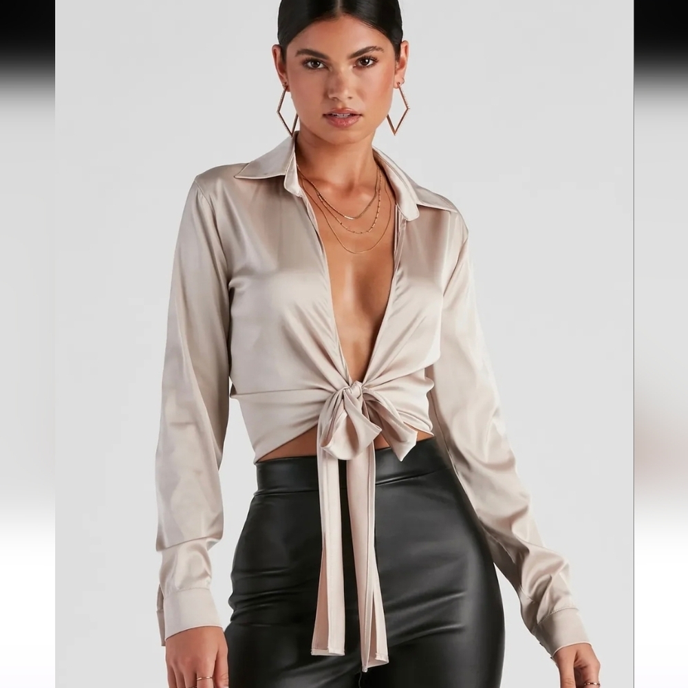 Elegant Cream Tie-Front Blouse